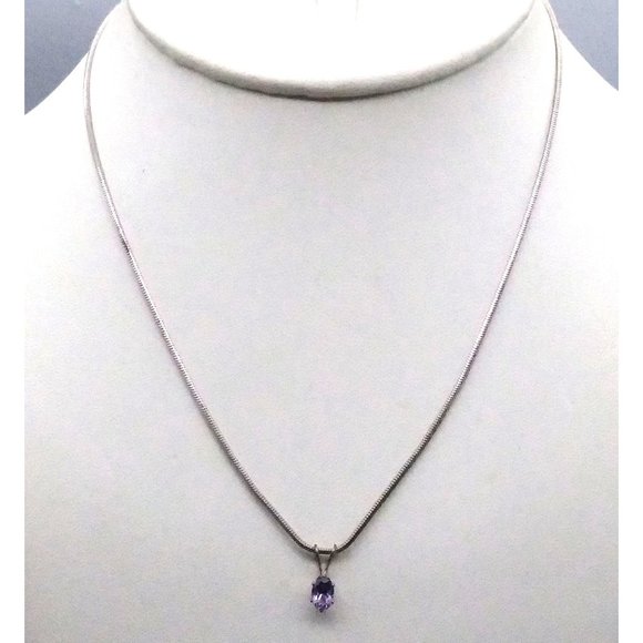 Vintage Oval Purple Crystal Pendant Necklace on Delicate Silver Tone Snake Chain - Picture 2 of 4
